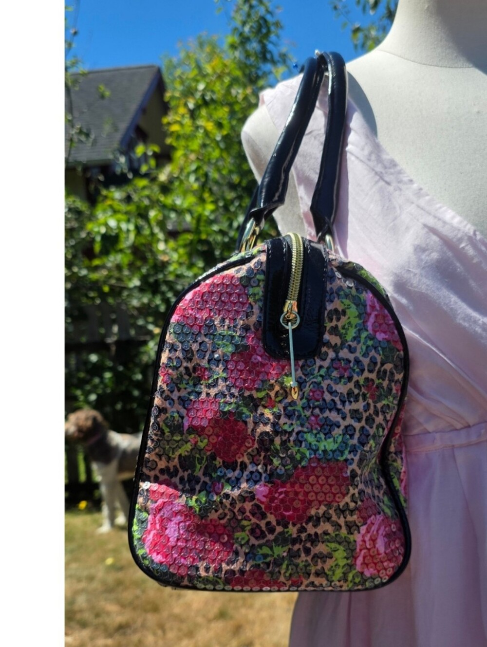 Betsey Johnson Y2K Sequin Leopard Rose Satchel Shoulder Bag Patent Purse - Picture 3 of 15